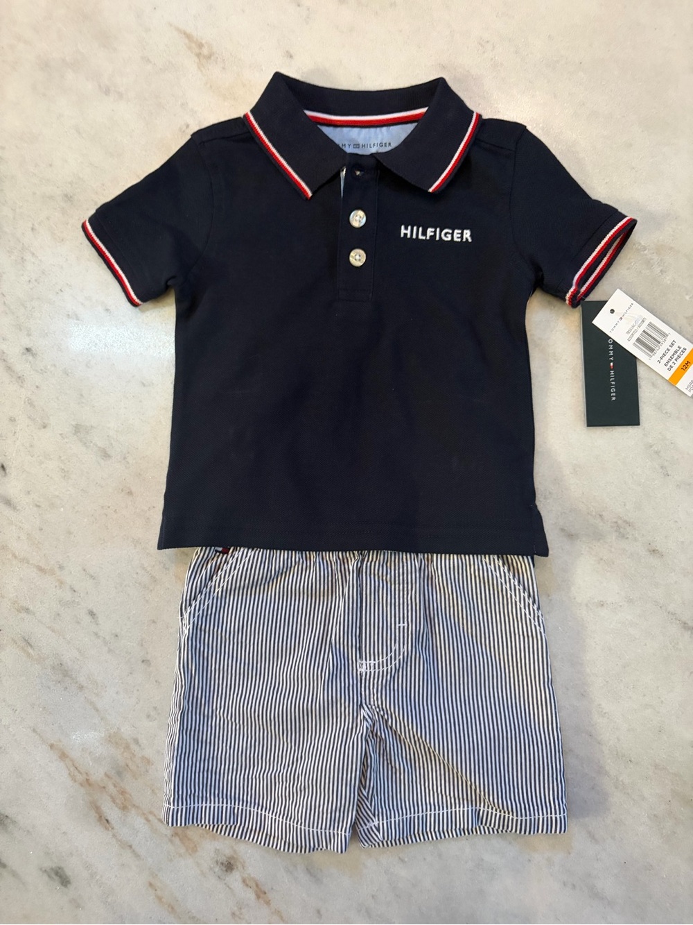 Tommy Hilfiger Navy Polo with Red & White Trim and Blue Stripe Shorts